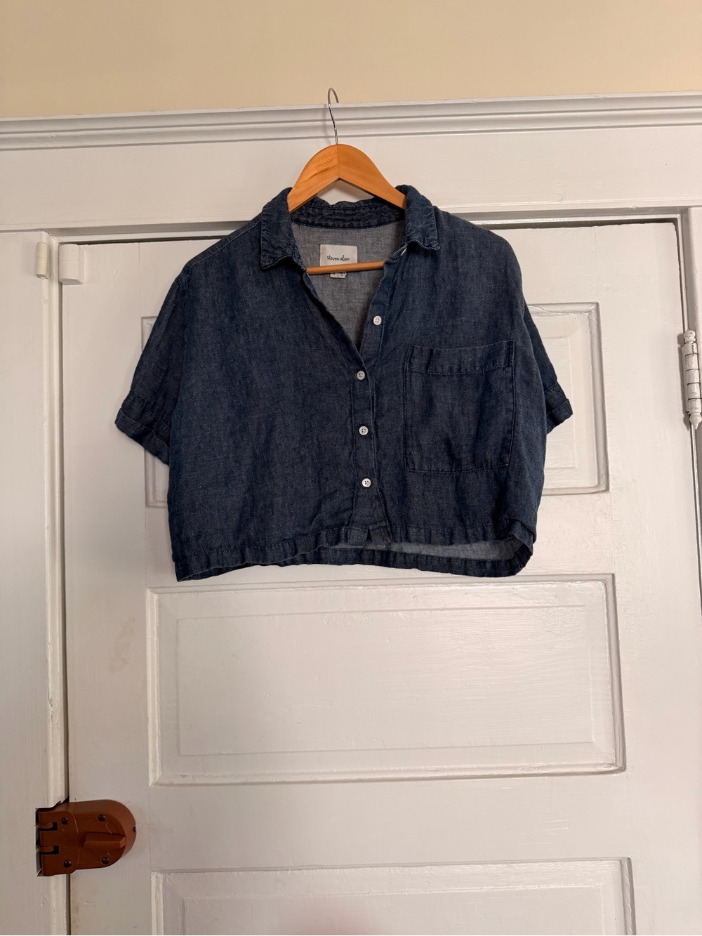 Steven Allen Indigo Linen Cropped Button Down